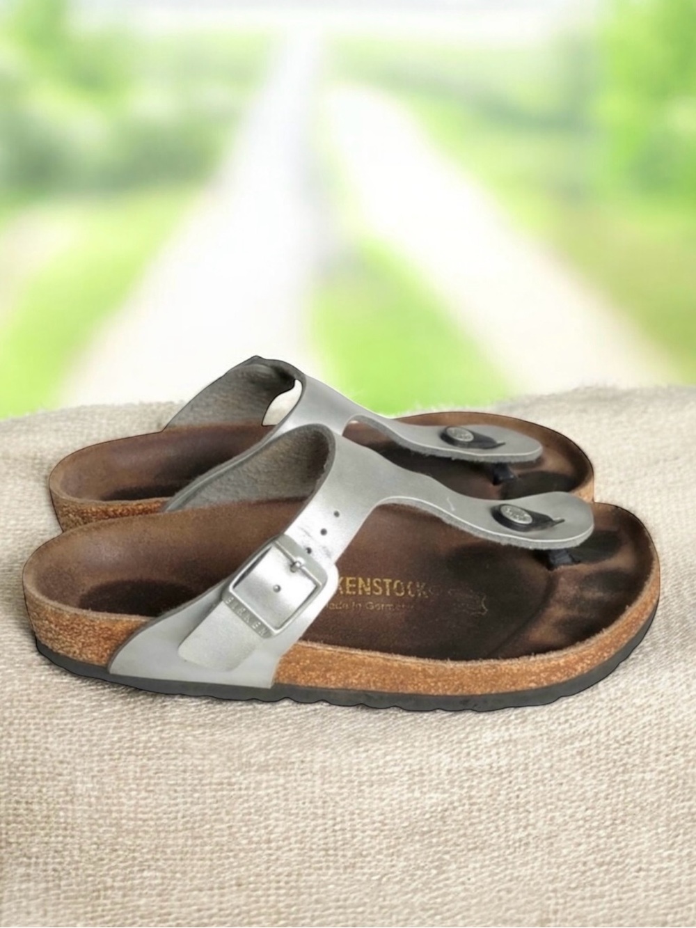 Birkenstock Gizeh Birko Flor Metallic Silver Sandals Thong Slides Women’s 36